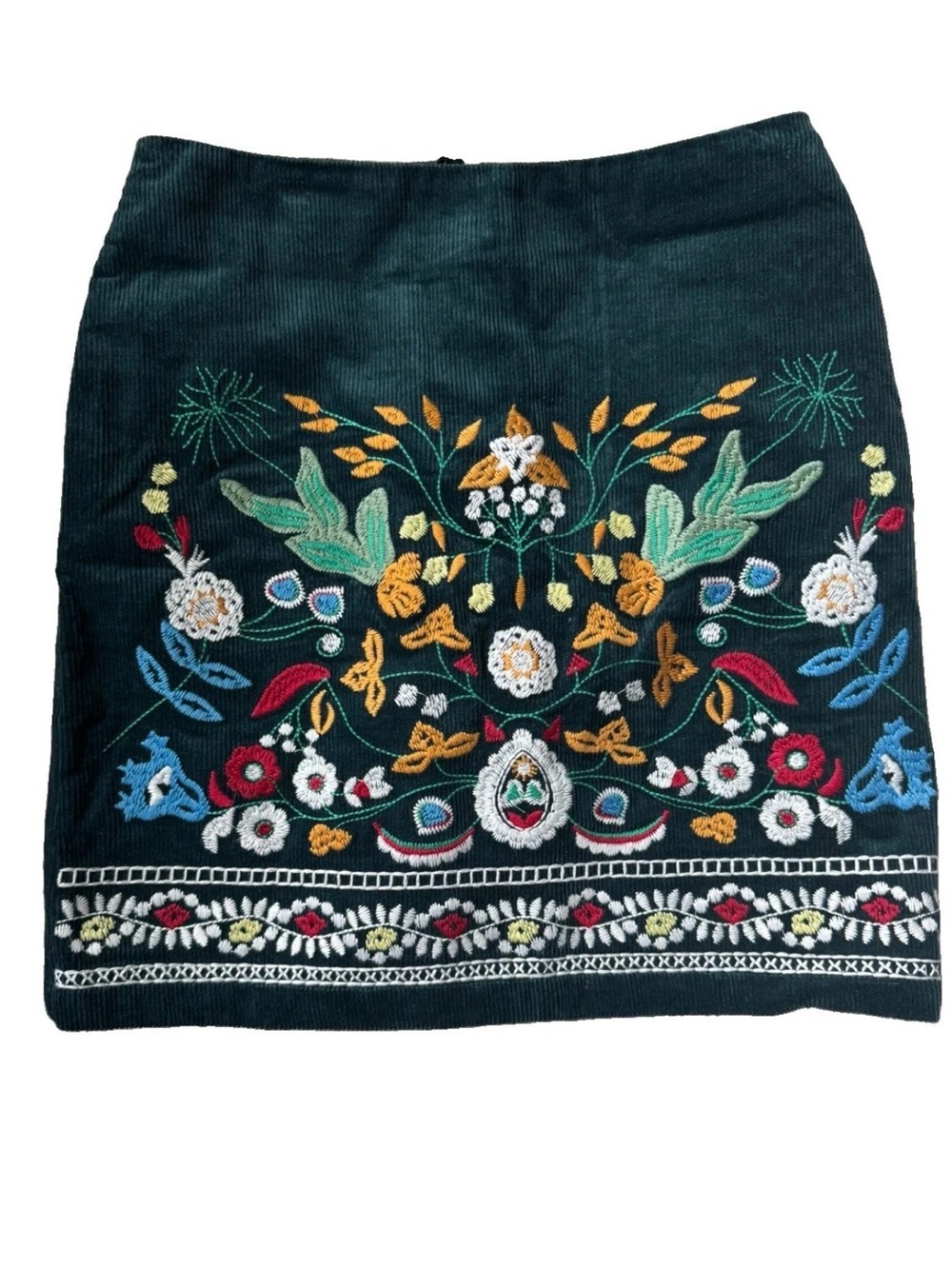 Simplee Apparel Black Corduroy Mini Skirt with Multicolor Floral Embroidery M